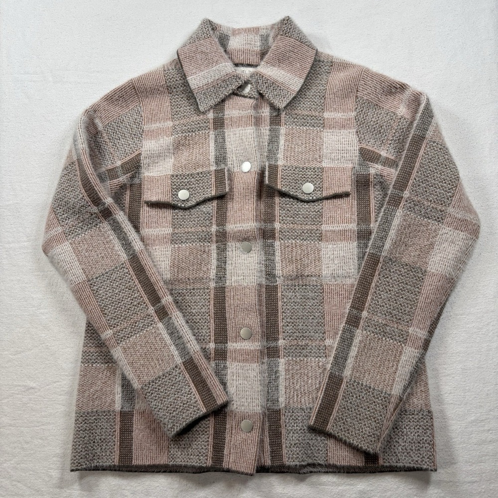 Rachel Zoe Shacket Jacket Womens Medium Gray Pink Plaid Snap Closure Cozy Cabin